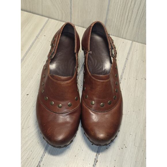 Dansko Ryders Brown Leather Clogs Studded Wood Block Heel Platform Size 9 Boho - Picture 3 of 11